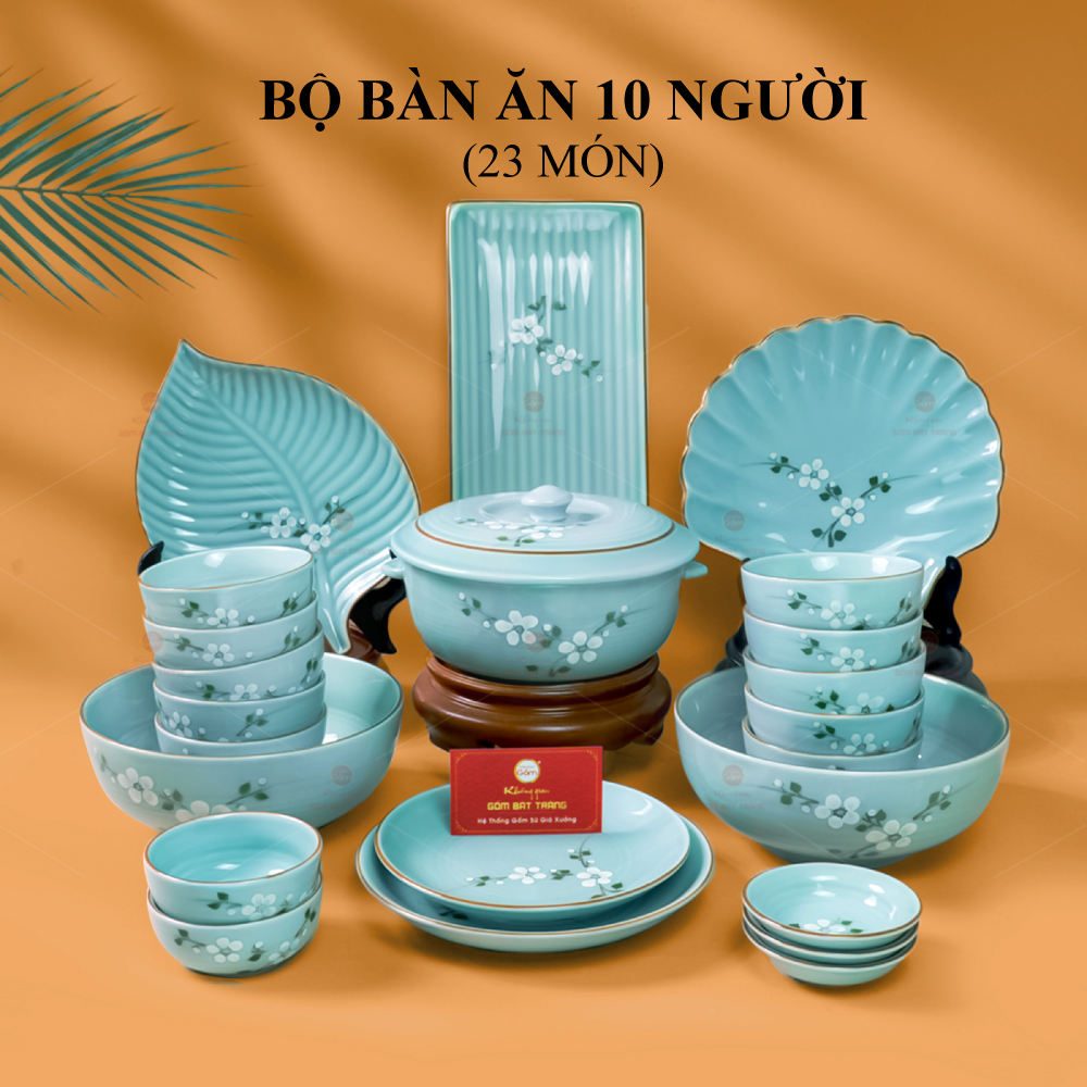 Bộ Bàn Ăn 10 Người Sứ Cao Cấp Men Ngọc Hoa Đào Trắng Sang Trọng Tiện Dụng 