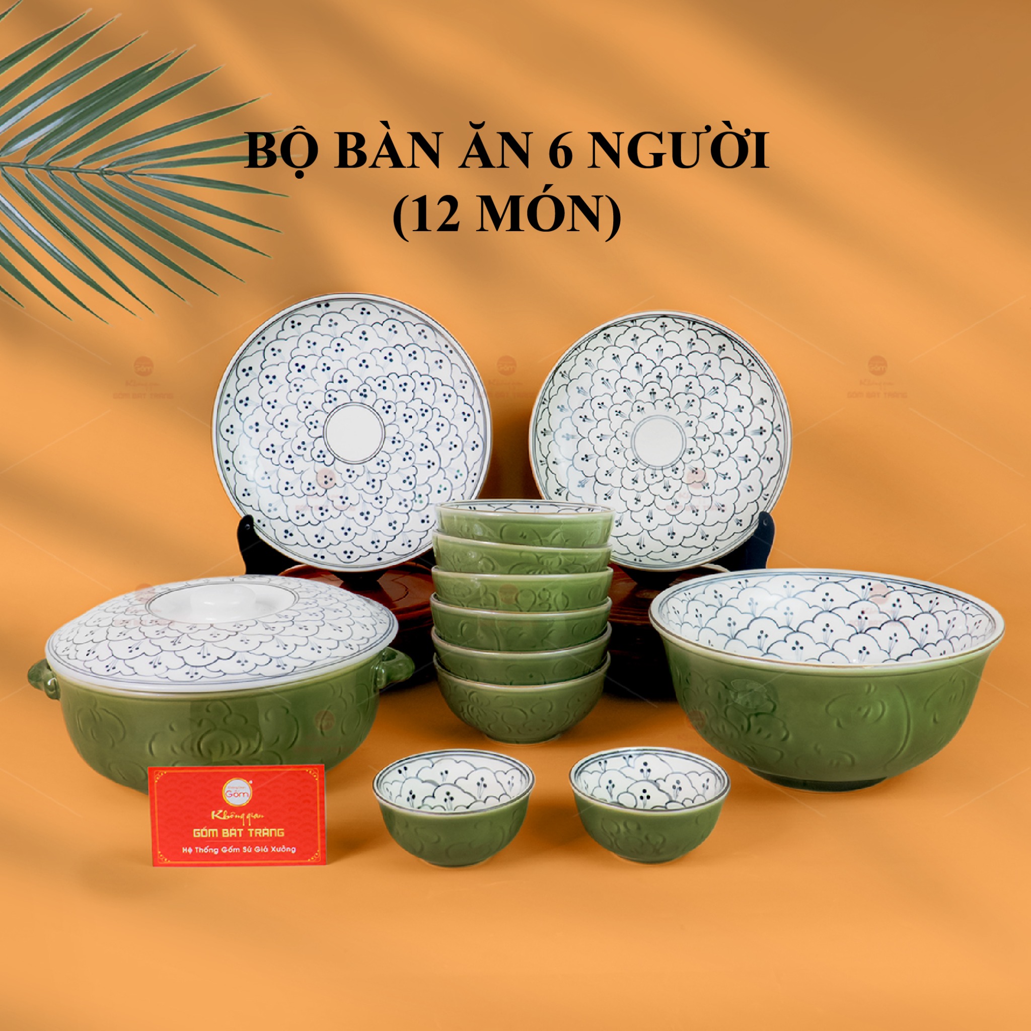 Bộ Bàn Ăn 6 Người Sứ Men Xanh Ngọc Vẽ Bèo Cao Cấp Sang Trọng 