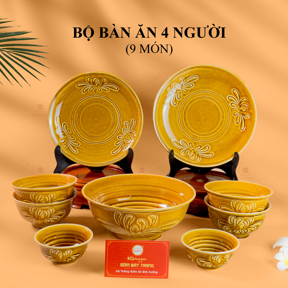 Bộ bàn ăn 9 món cho 4 người men nâu hoa cúc sứ Bát Tràng 