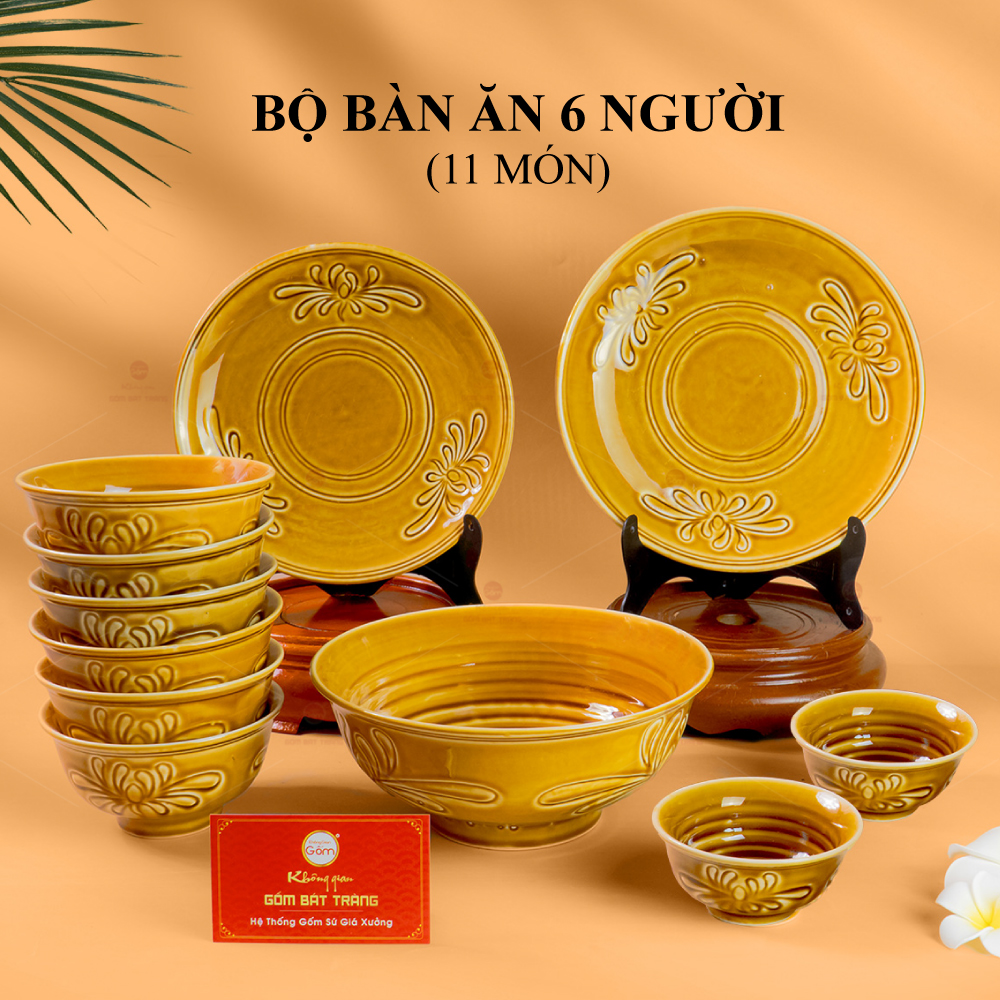 Bộ Bàn Ăn 6 Người Men Nâu Vân Hoa Cúc Gốm Bát Tràng 11 Món 