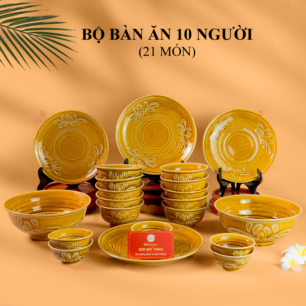 Bộ Bàn Ăn Men Nâu Vân Hoa Cúc 21 Món 10 Người Sứ Cao Cấp 