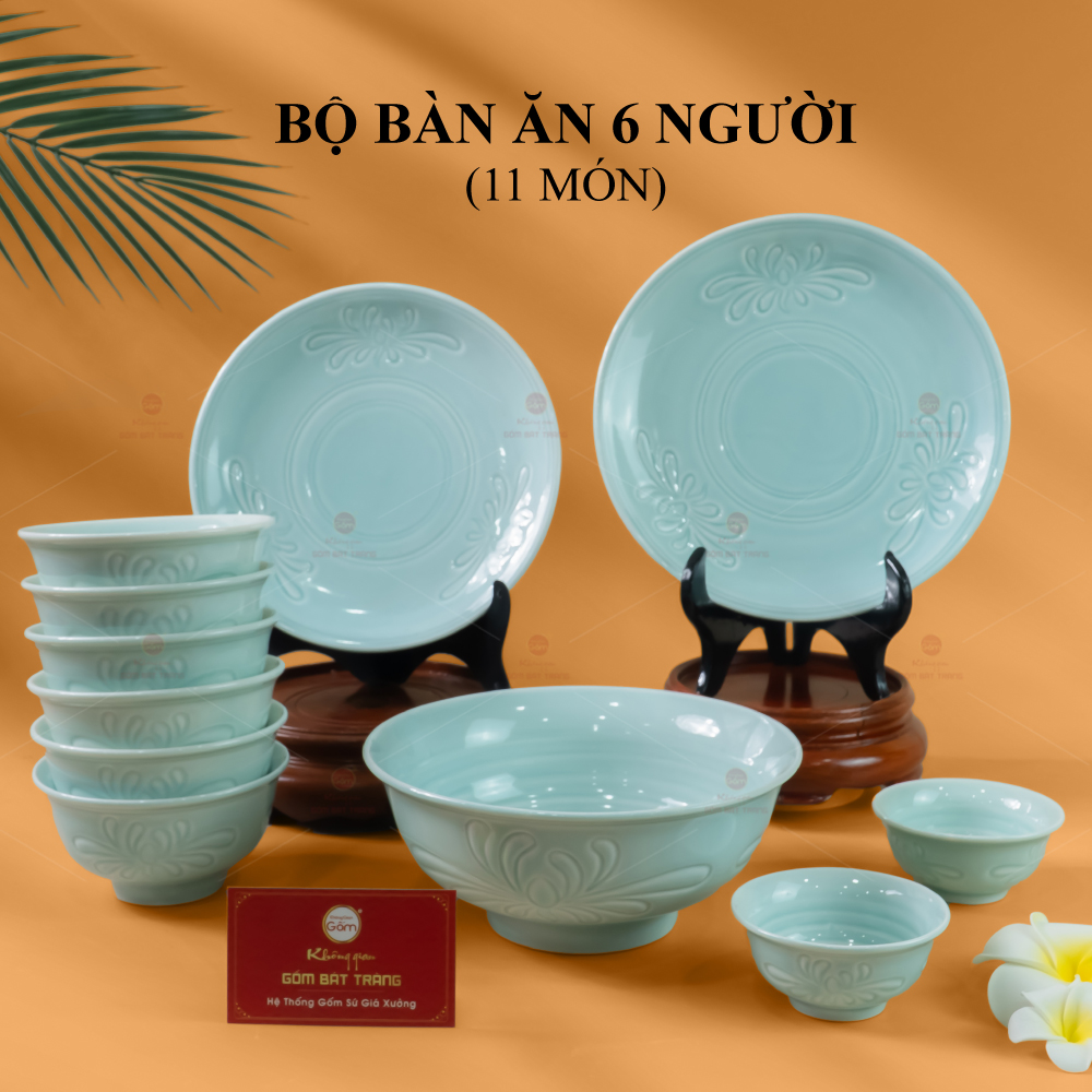 Bộ bàn ăn 6 người men ngọc vân hoa cúc sứ cao cấp gốm Bát Tràng 