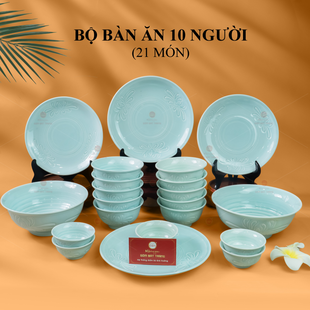 Bộ Bàn Ăn 10 Người 21 Món Men Xanh Ngọc Vân Hoa Cúc Cao Cấp 