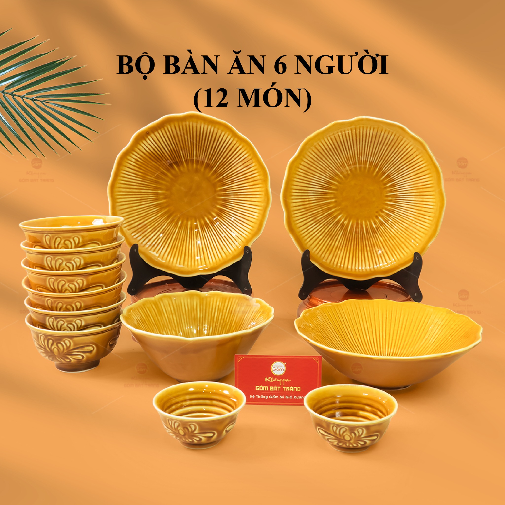 Bộ Bàn Ăn 6 Người 12 Món Men Nâu Vân Sen Gốm Bát Tràng 