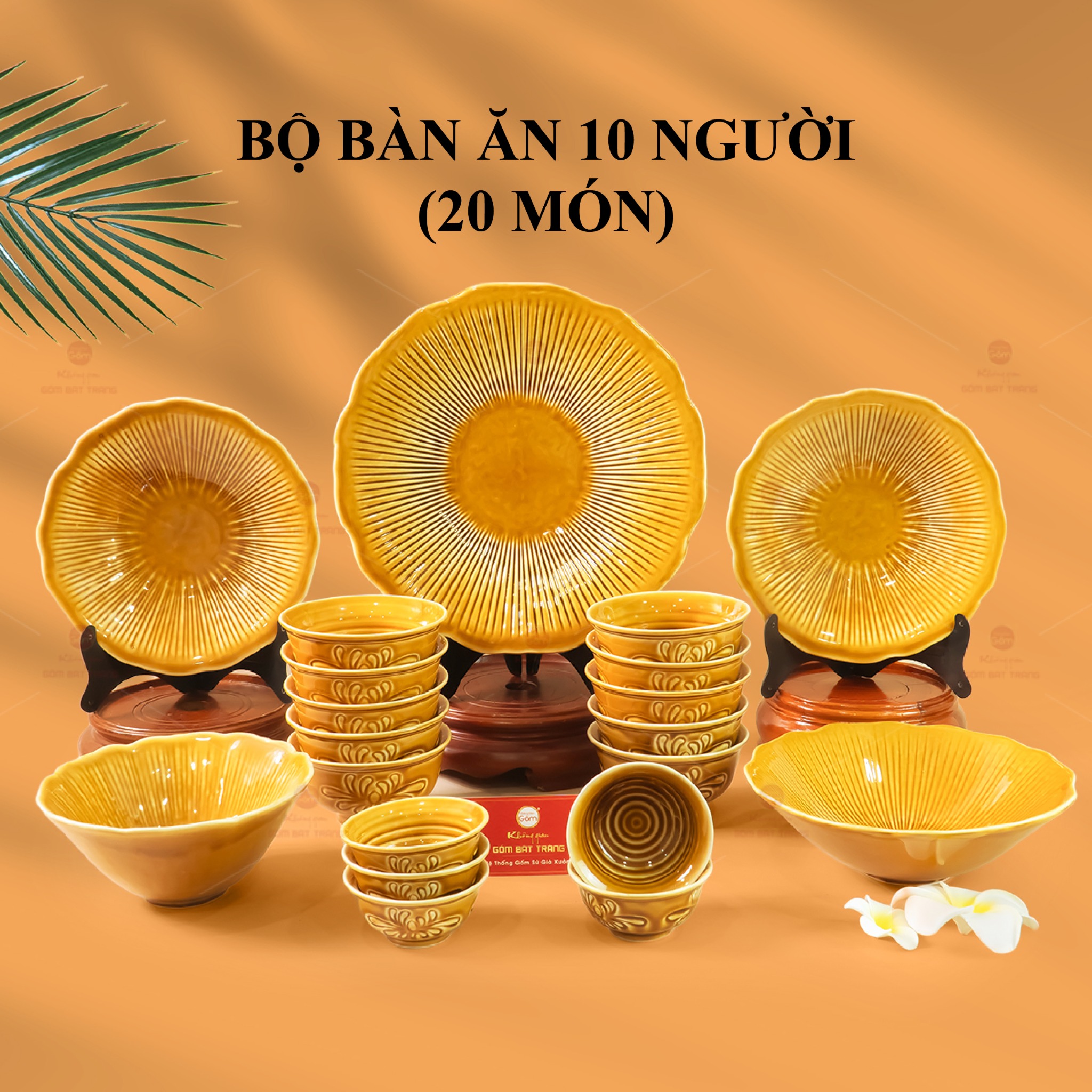 Bộ Bàn Ăn 10 Người Men Nâu Vân Sen Sứ Cao Cấp Bát Tràng 