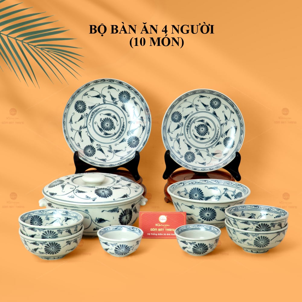 Bộ bàn ăn gốm sứ Bát Tràng 4 người men rạn vẽ cúc đen cao cấp 