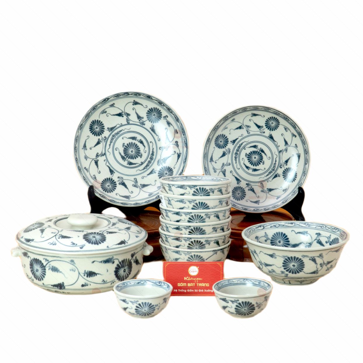 Bộ bàn ăn gốm sứ 6 người men rạn vẽ cúc đen cao cấp chính hãng 