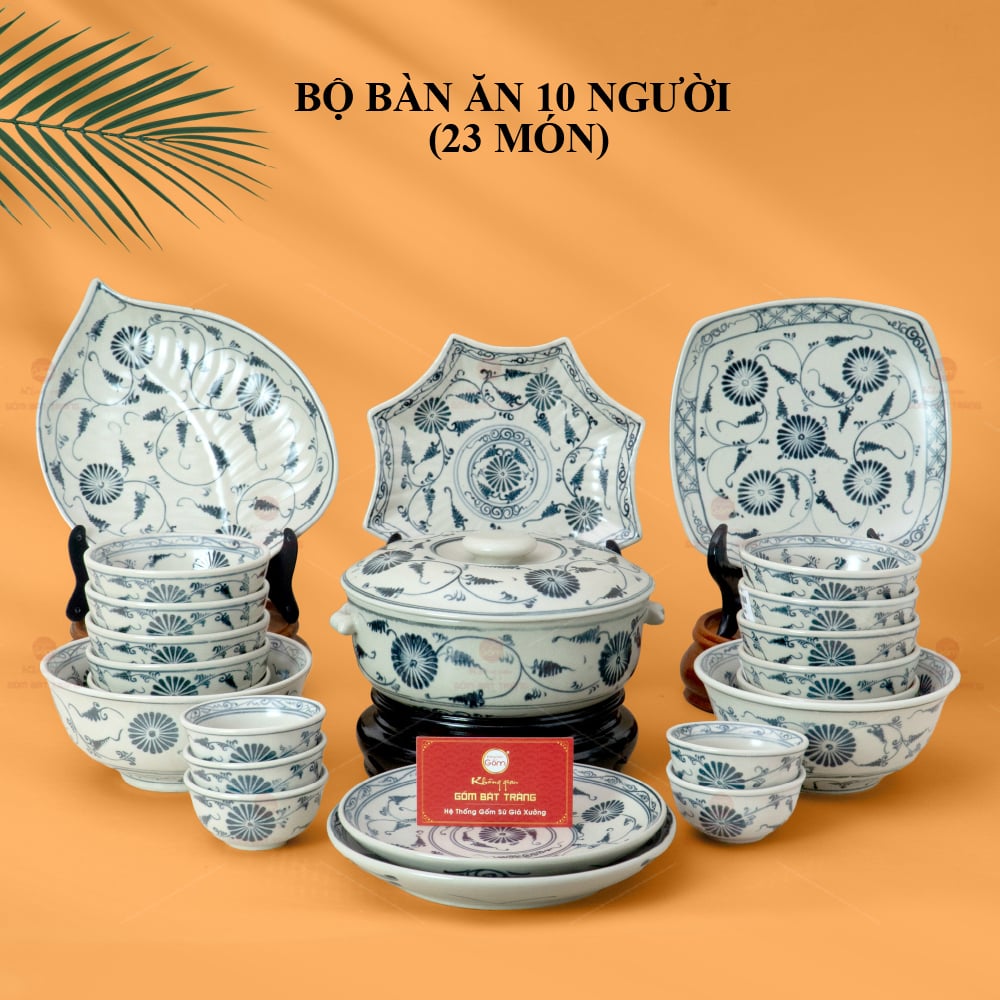 Bộ Bàn Ăn 10 Người Gốm Sứ Men Rạn Vẽ Cúc Đen Sang Trọng 