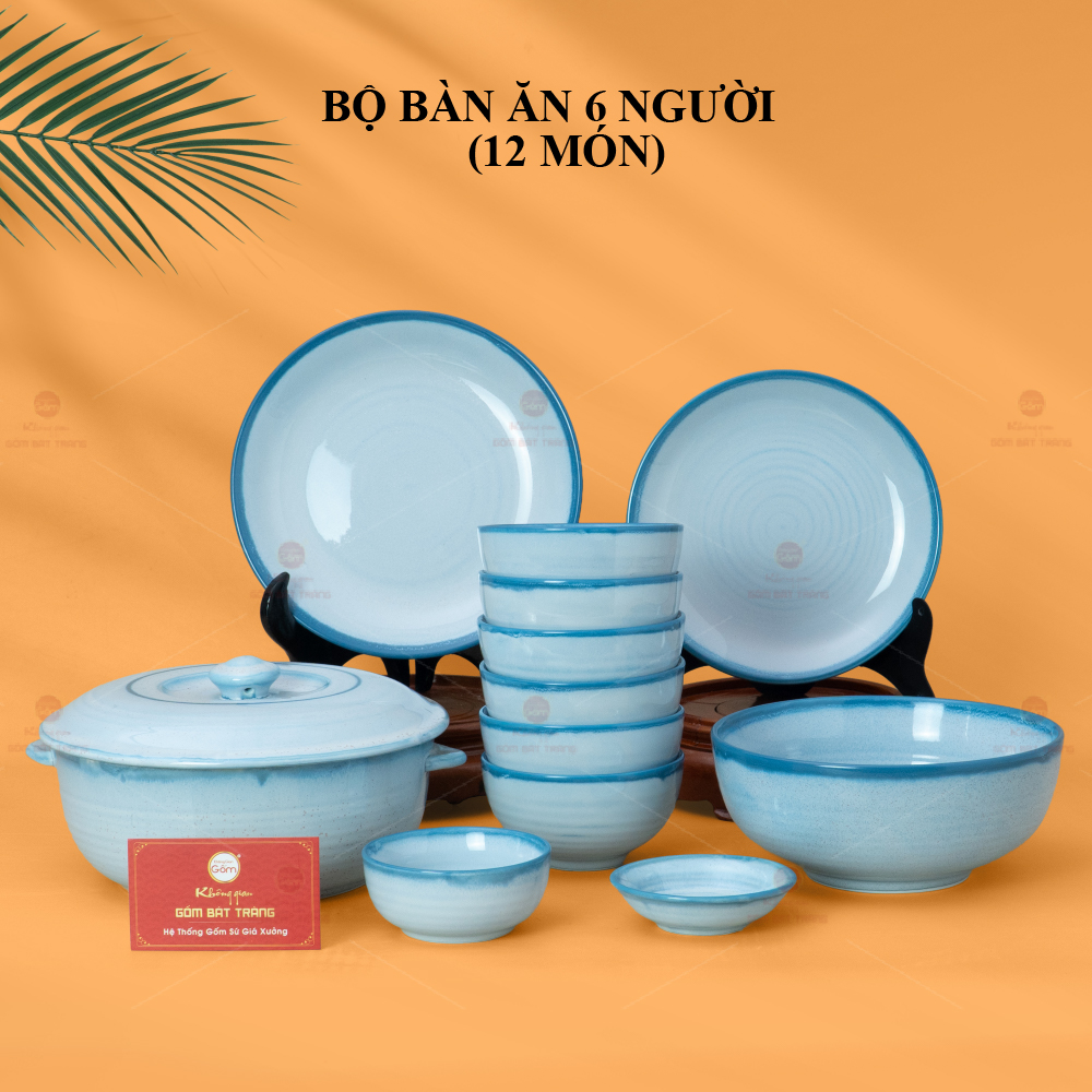 Bộ Bàn Ăn 6 Người 12 Món Men Biển Xanh Cát Trắng Gốm Sứ Cao Cấp 