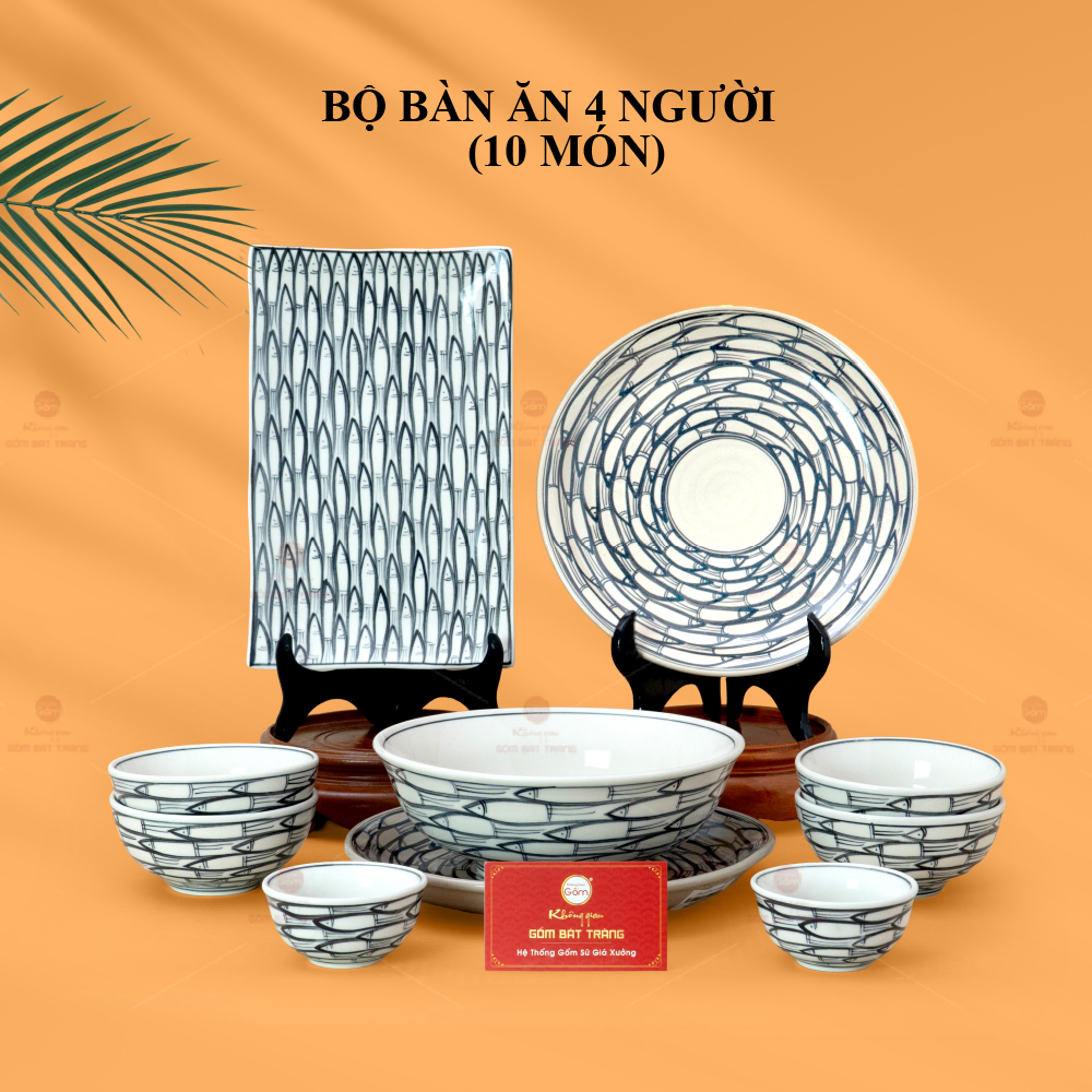 Bộ Bàn Ăn 4 Người 10 Món Men Trắng Cá Đàn Gốm Sứ Cao Cấp 