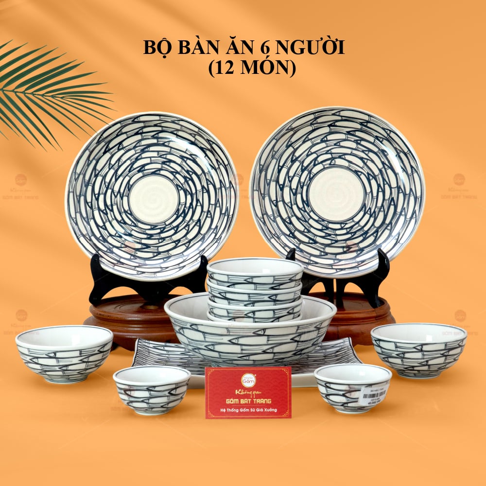 Bộ Bàn Ăn 6 Người 12 Món Men Trắng Cá Đàn Gốm Sứ Cao Cấp 