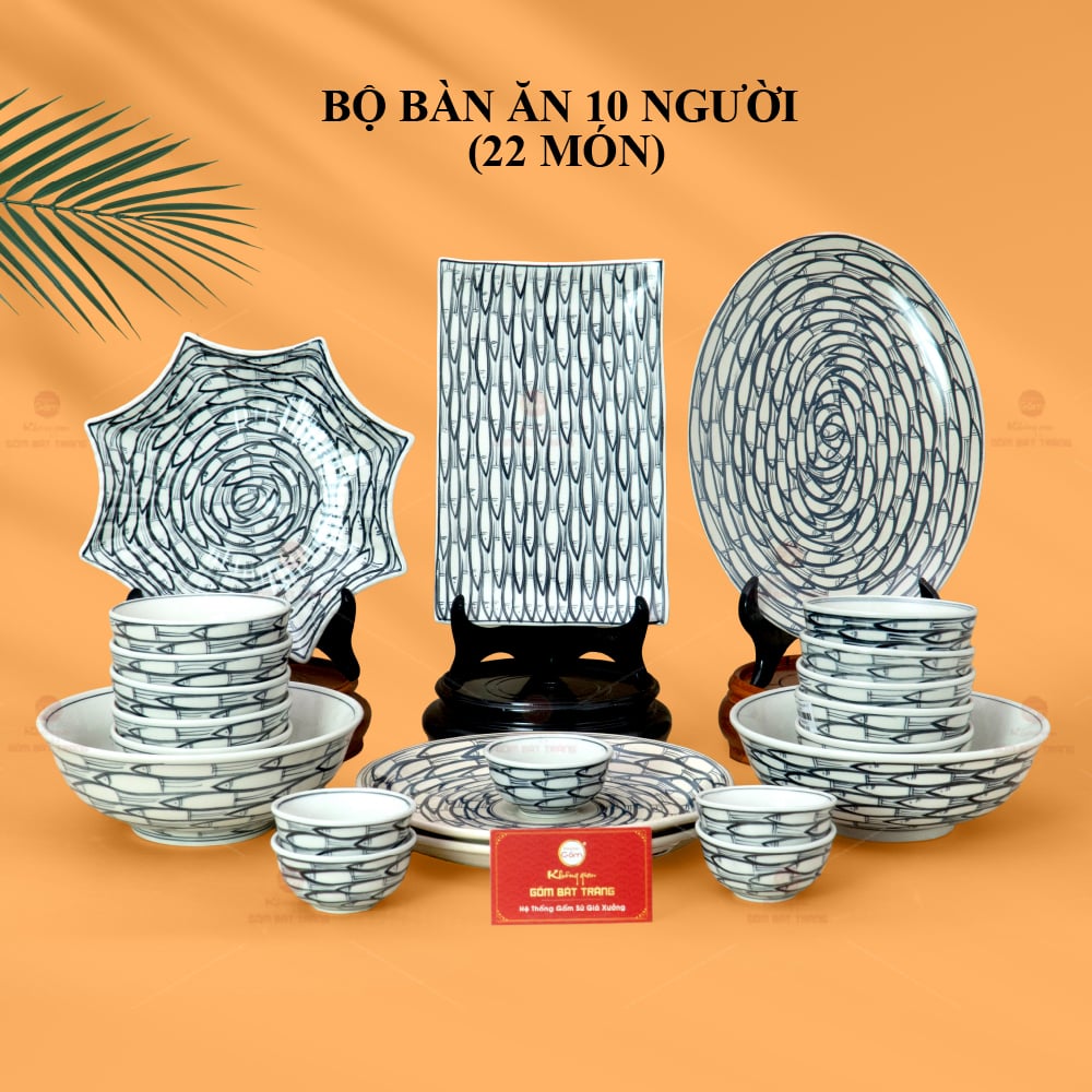 Bộ bàn ăn 10 người 22 món gốm sứ men trắng vẽ cá đẹp sang trọng 