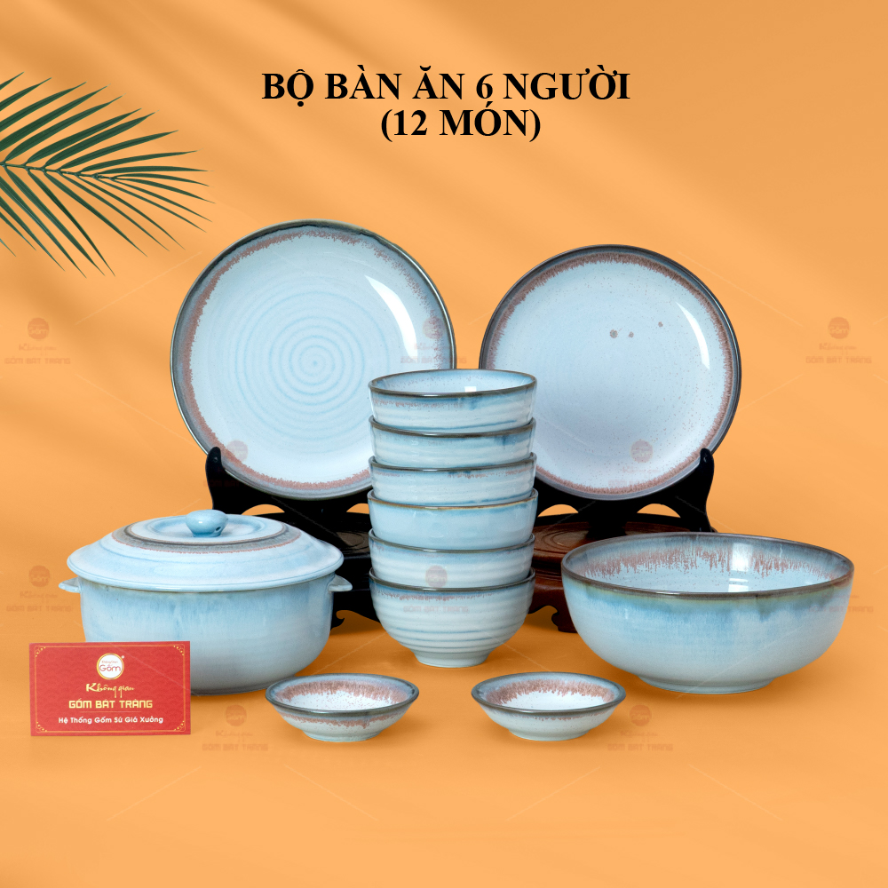 Bộ Bàn Ăn 6 Người 12 Món Men Biển Xanh Kim Sa Gốm Sứ Cao Cấp 
