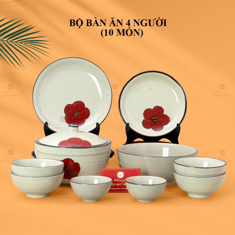 Bộ Bàn Ăn 4 Người 10 Món Men Hỏa Biến Hoa Sứ Đỏ Sang Trọng Giá Tốt 