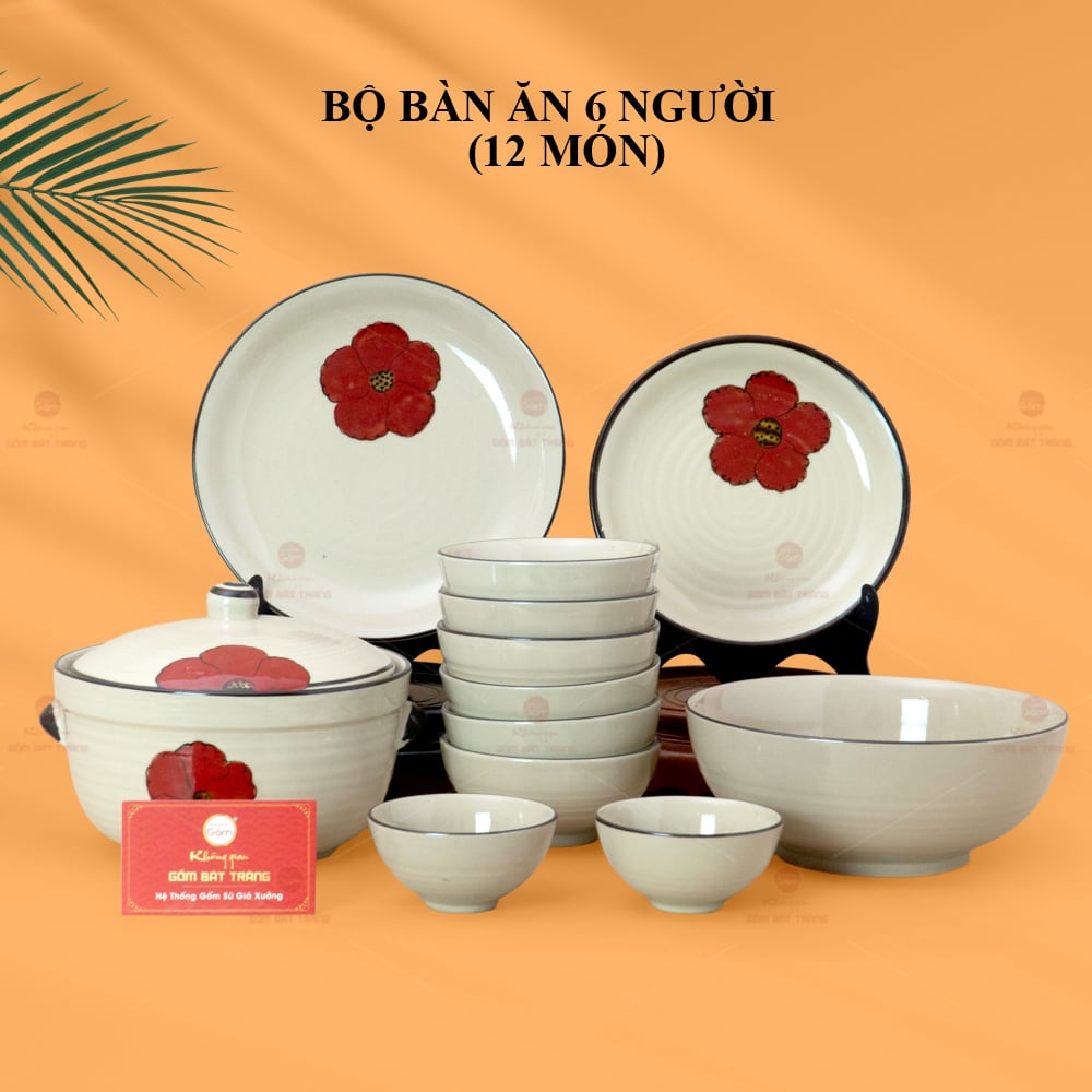 Bộ Bàn Ăn 6 Người 12 Món Hoa Sứ Đỏ Men Hỏa Biến Cao Cấp Sale 