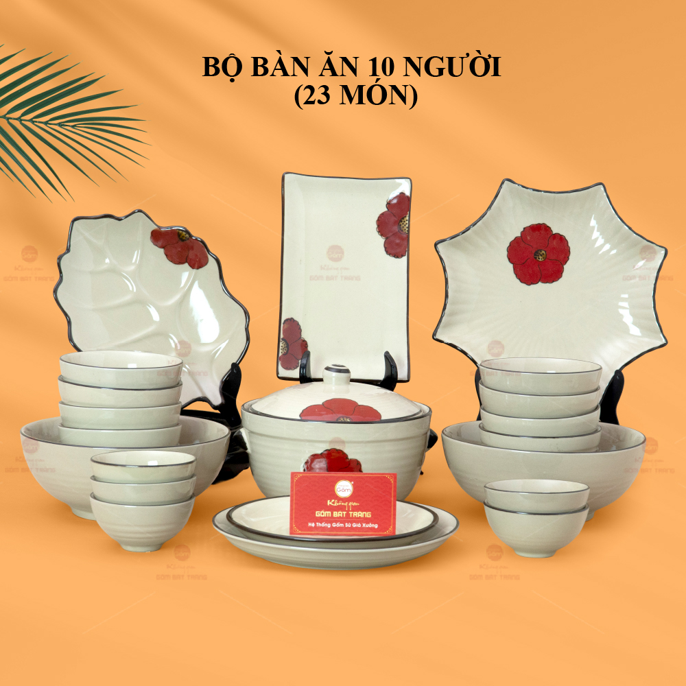 Bộ Bàn Ăn 10 Người 23 Món Men Hỏa Biến Hoa Sứ Đỏ Cao Cấp Giá Tốt 