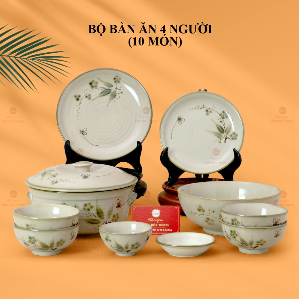 Bộ Bàn Ăn 4 Người 10 Món Men Kem Hoa Đào Chuồn Cao Cấp 
