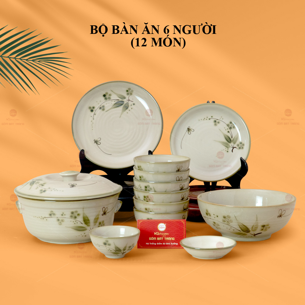 Bộ Bàn Ăn 6 Người 12 Món Men Kem Đào Chuồn Gốm Sứ Cao Cấp 