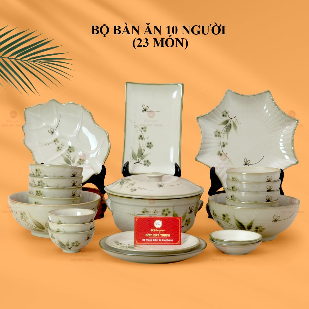 Bộ bàn ăn 10 người 23 món men kem đào chuồn sang trọng cao cấp 