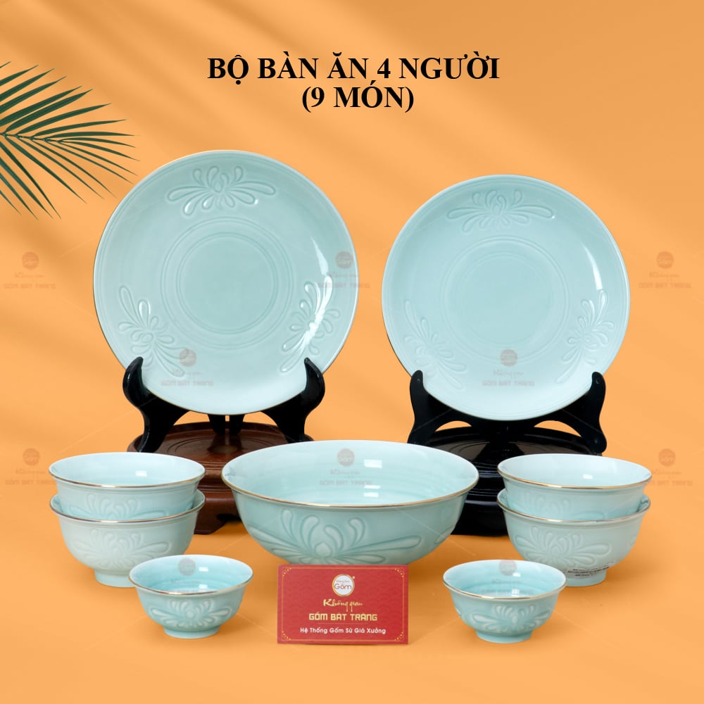 Bộ Bàn Ăn 4 Người 9 Món Men Ngọc Vân Hoa Cúc Vàng Sứ Cao Cấp 