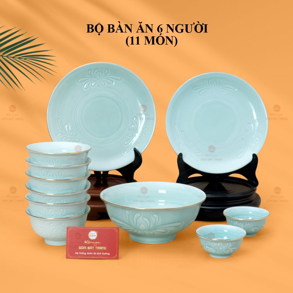 Bộ Bàn Ăn 6 Người 11 Món Men Ngọc Vân Hoa Cúc Vàng Cao Cấp 