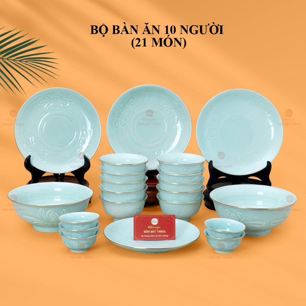 Bộ bàn ăn 10 người 21 món men ngọc xanh hoa cúc sang trọng 