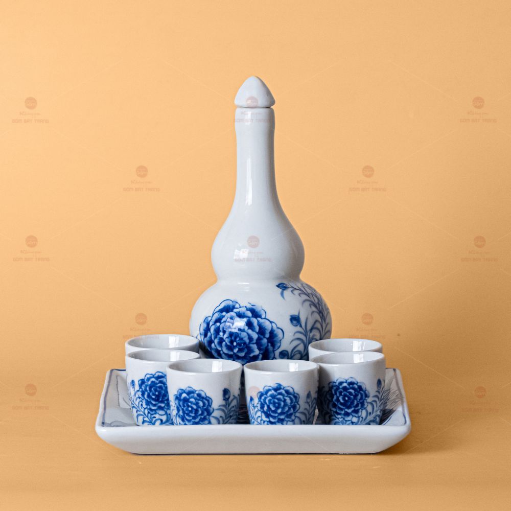Bộ Nậm Rượu Hoa Mẫu Đơn Sứ Cao Cấp Quà Tặng Sang Trọng Bát Tràng 