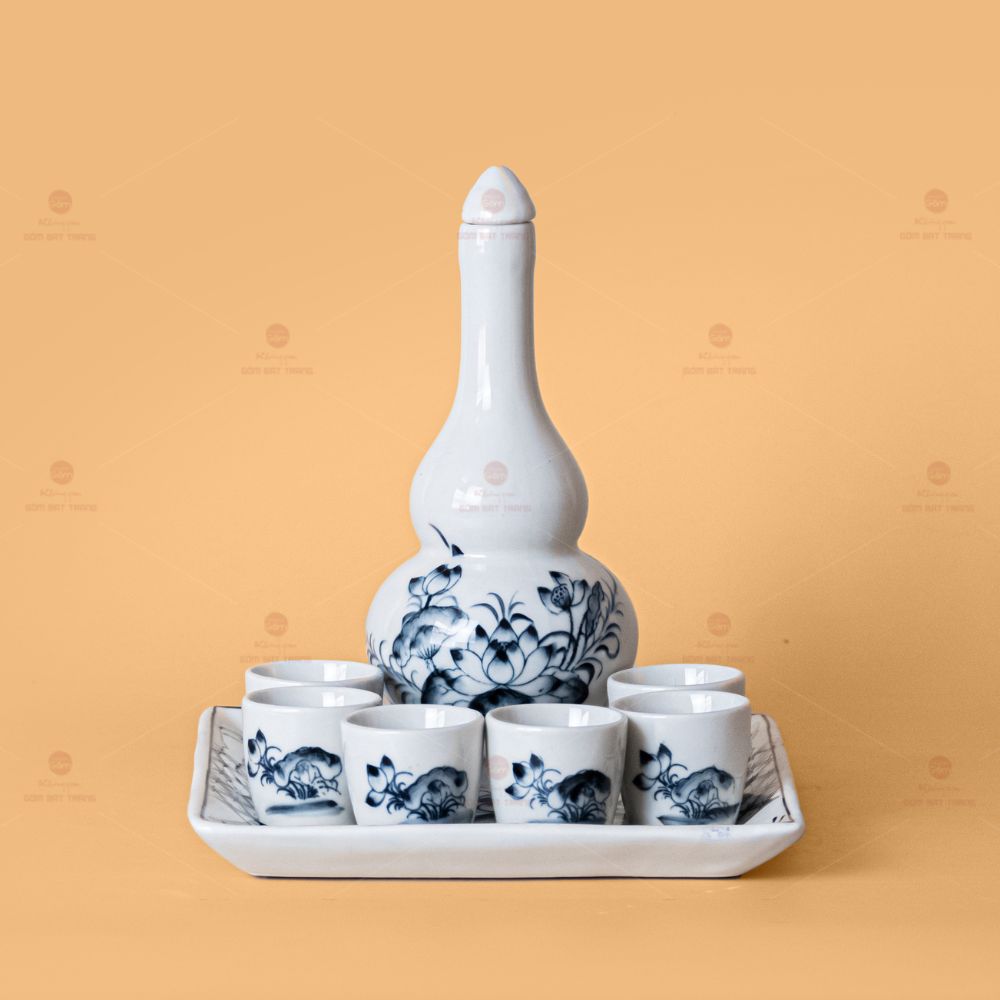Bộ nậm rượu hoa sen Tràm sứ cao cấp Bát Tràng quà tặng ý nghĩa 