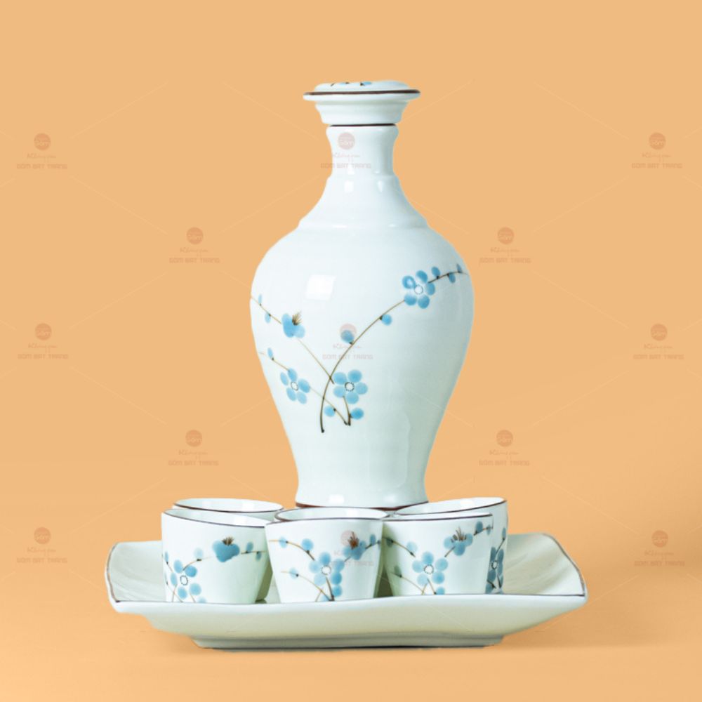 Bộ Nậm Rượu Hoa Đào Xanh Sứ Cao Cấp Quà Tặng Ý Nghĩa Bát Tràng 