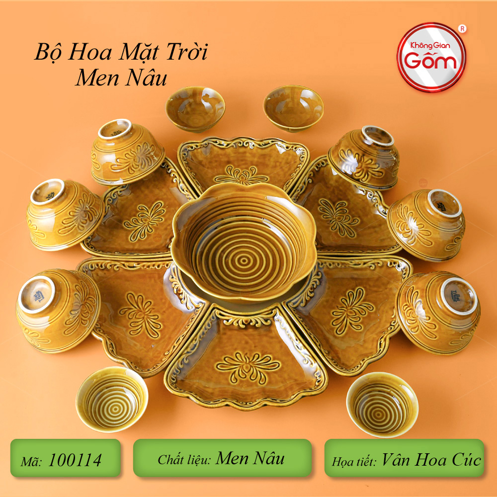 Bộ Bát Đĩa Hoa Mặt Trời Men Nâu Vân Hoa Cúc Sứ Cao Cấp Bát Tràng 