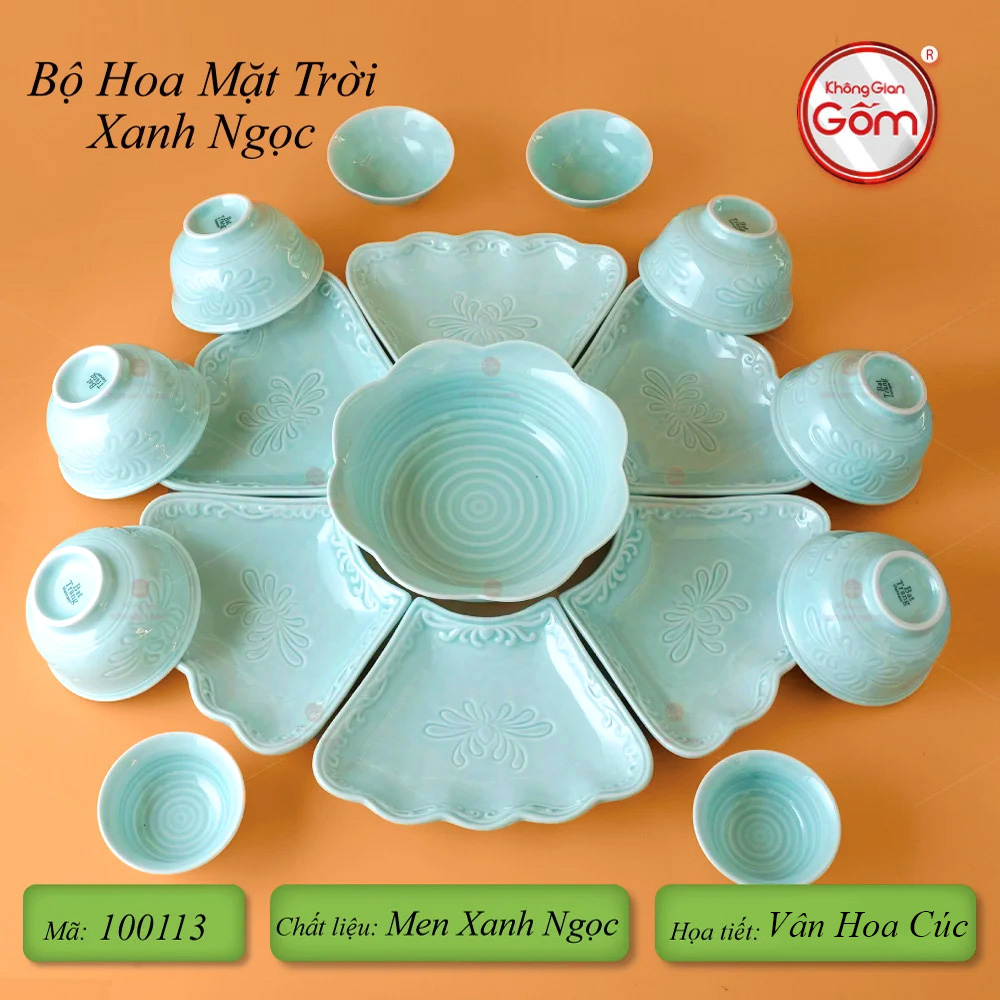 Bộ Bát Đĩa Hoa Mặt Trời Men Ngọc Hoa Cúc Gốm Sứ Cao Cấp 