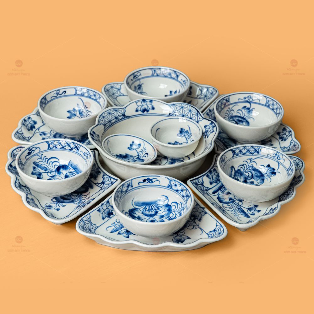 Bộ Bát Đĩa Sứ Hoa Sen Xanh 15 Món Cao Cấp Quà Tặng Độc Đáo 