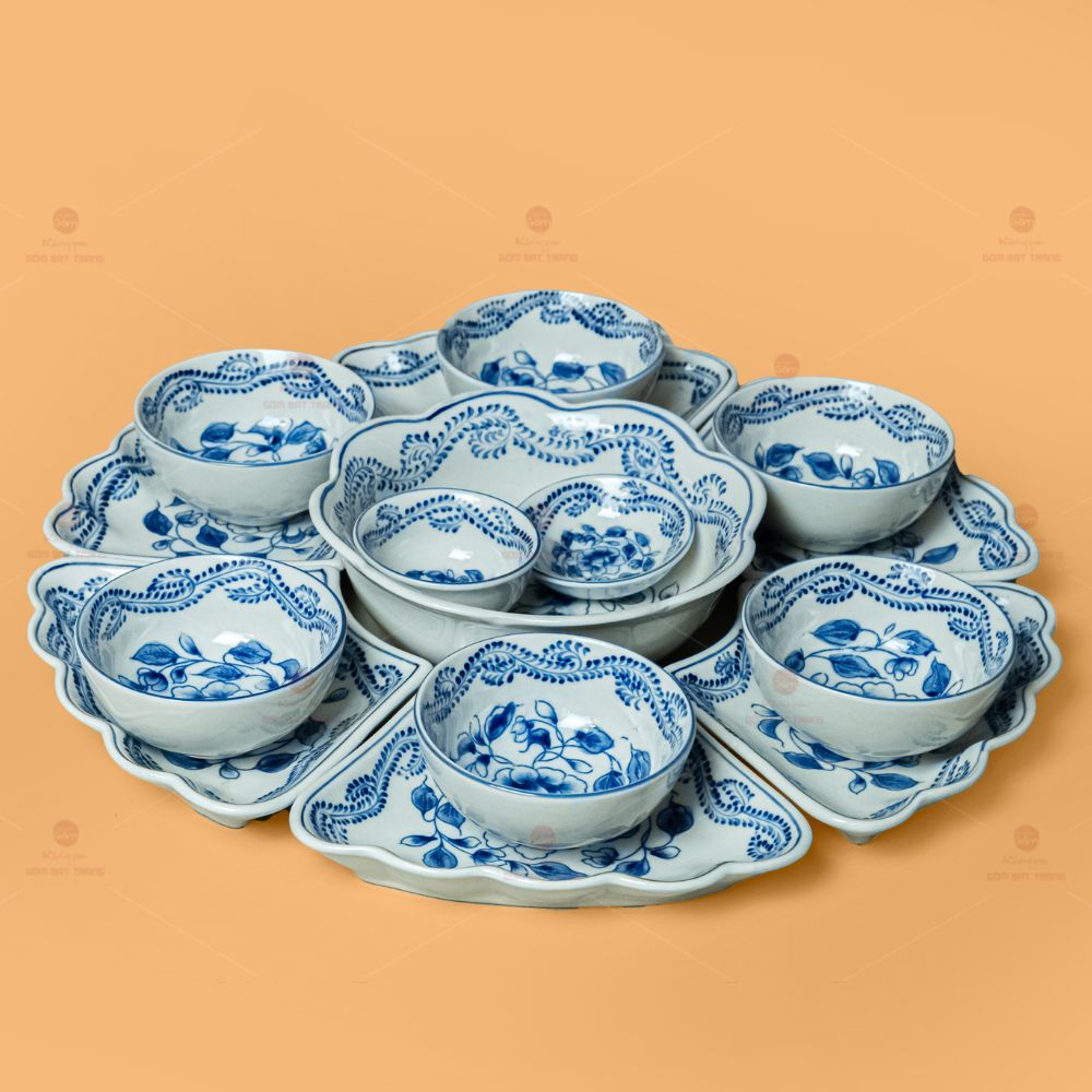 Bộ bát đĩa sứ cao cấp hoa phù dung quà tặng sang trọng Bát Tràng 
