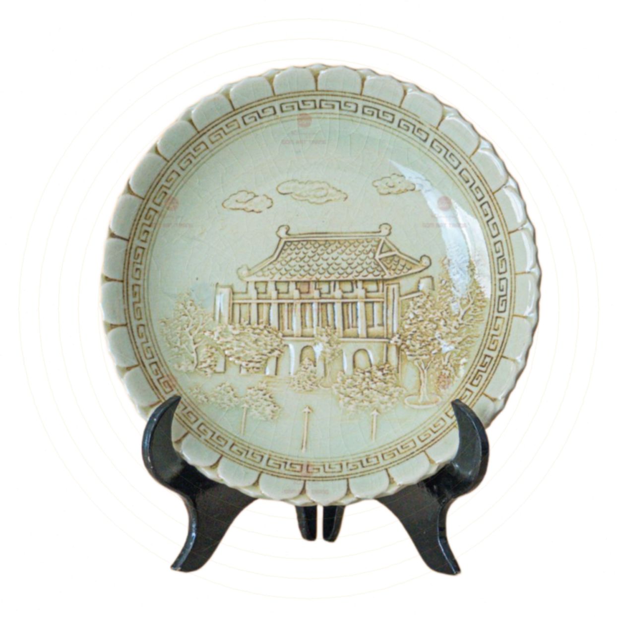 Đĩa cảnh Bát Tràng khắc nổi sang trọng trang trí quà tặng cao cấp 