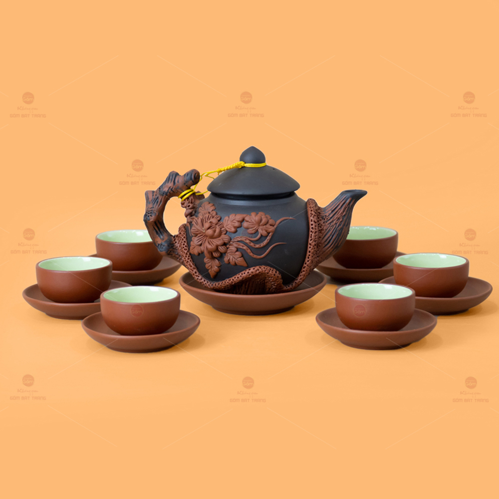 Bộ Ấm Trà Tử Sa Hoa Mẫu Đơn Đắp Nổi Sang Trọng Quà Tặng 