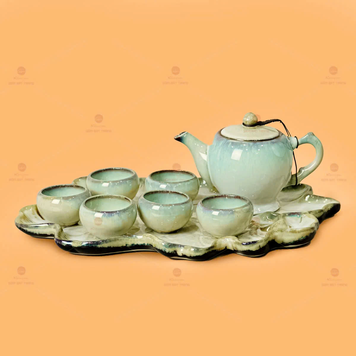 Bộ Ấm Trà Men Hỏa Biến Gấm Kèm Khay Sen Sang Trọng 