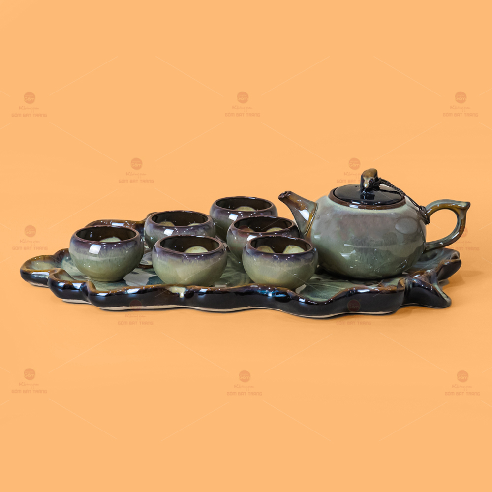 Bộ Ấm Trà Men Hỏa Biến Gấm Tặng Khay Sen Dài Tiện Dụng 