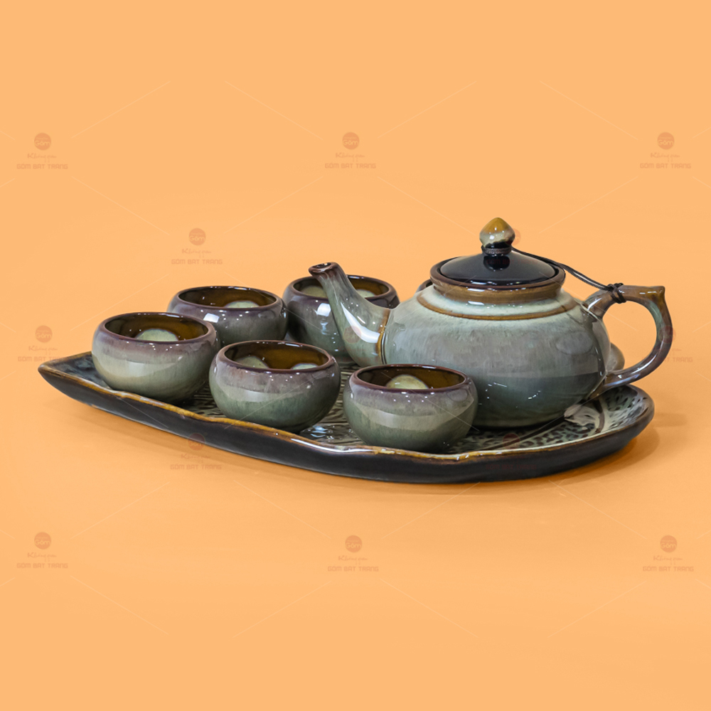 Bộ Ấm Trà Thiên Nga Men Hỏa Biến Gồm Khay Trầu Phụ Kiện Đầy Đủ 