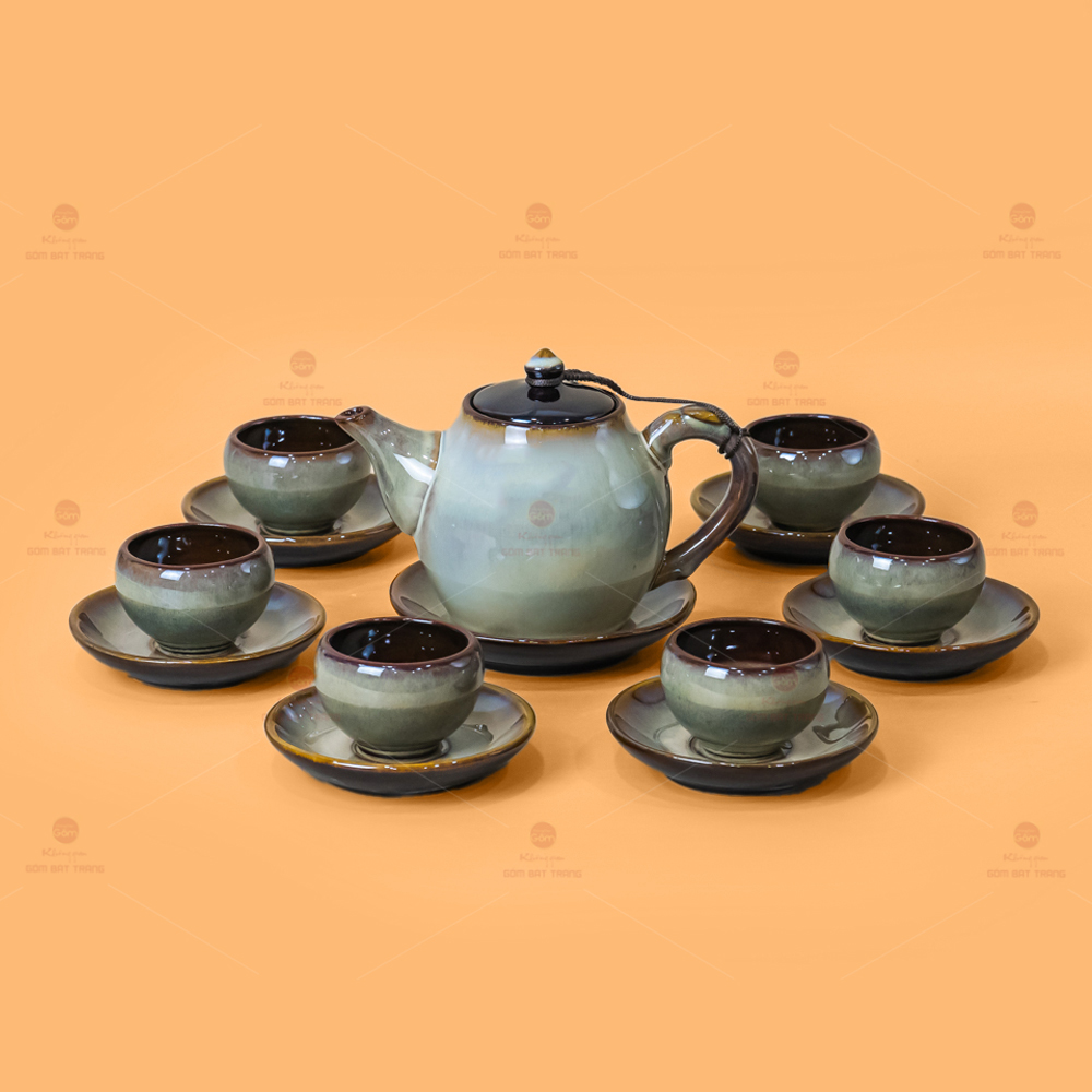 Bộ Ấm Trà Bầu Gấm Hoa Men Hỏa Biến Cao Cấp Trang Trí Ấm Tính 