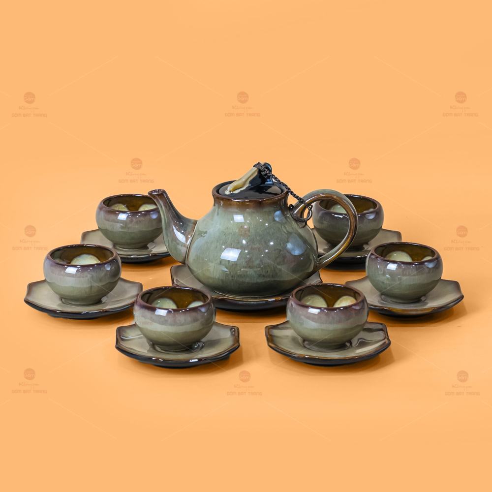 Bộ Ấm Trà Hồ Lô Gấm Men Hỏa Biến Bát Tràng Chất Lượng Cao Trang Trí Sang 
