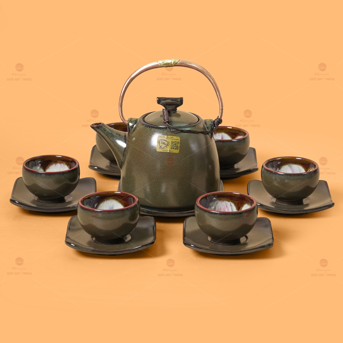 Bộ Ấm Chén Men Hỏa Biến Xanh Ngọc Lòng Hoa Gốm Bát Tràng Sang Trọng 