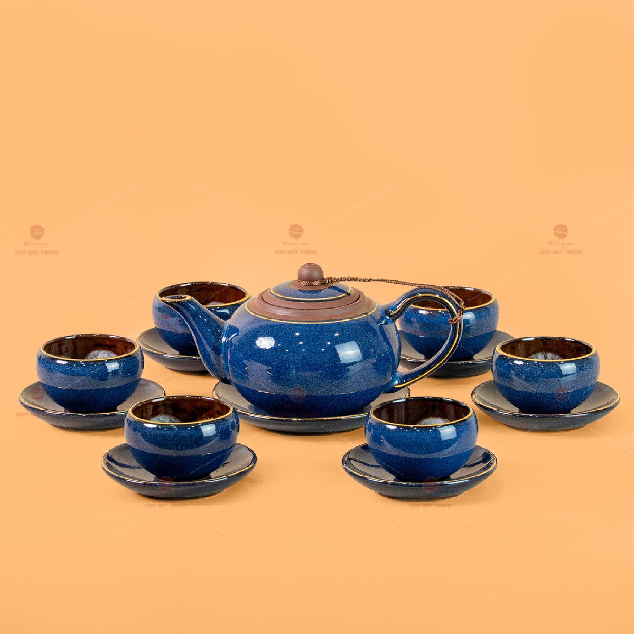 Bộ Ấm Chén Men Hỏa Biến Xanh Dương Kẻ Vàng Sang Trọng Quà Tặng 
