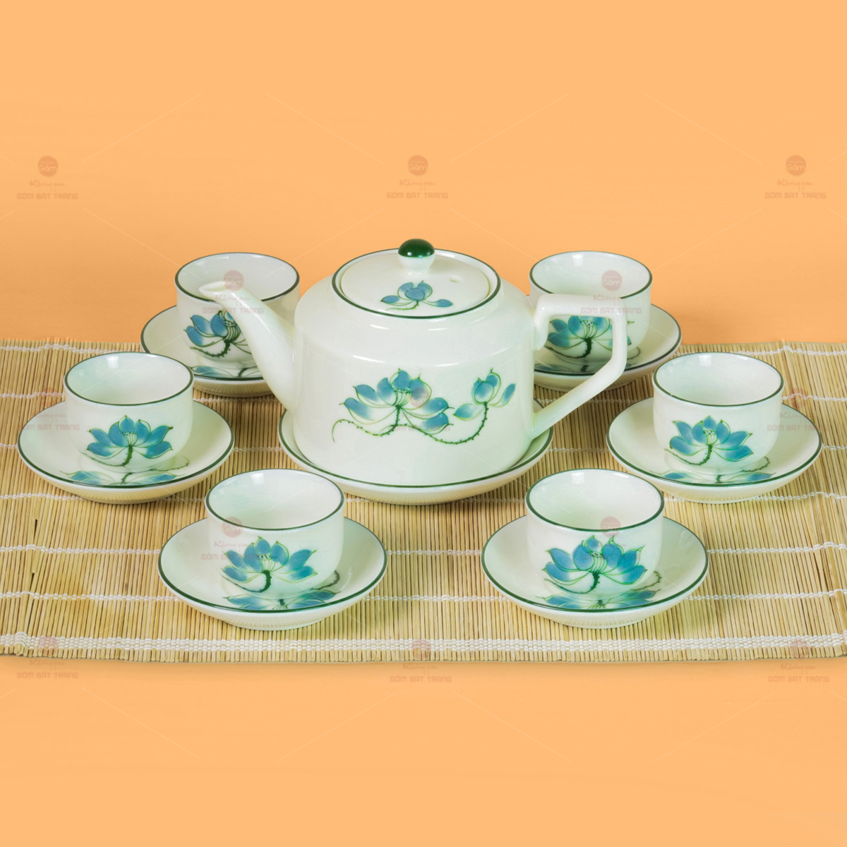 Bộ Ấm Chén Sen Xanh Men Kem Gốm Sứ Cao Cấp Quà Tặng 