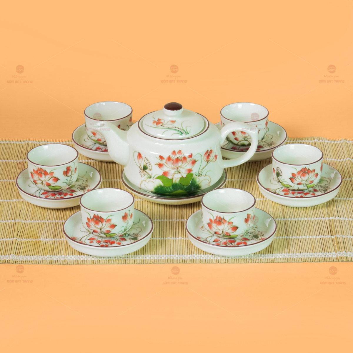 Bộ Ấm Chén Vai Vuông Gốm Sứ Cao Cấp Vẽ Sen Đỏ Sang Trọng 