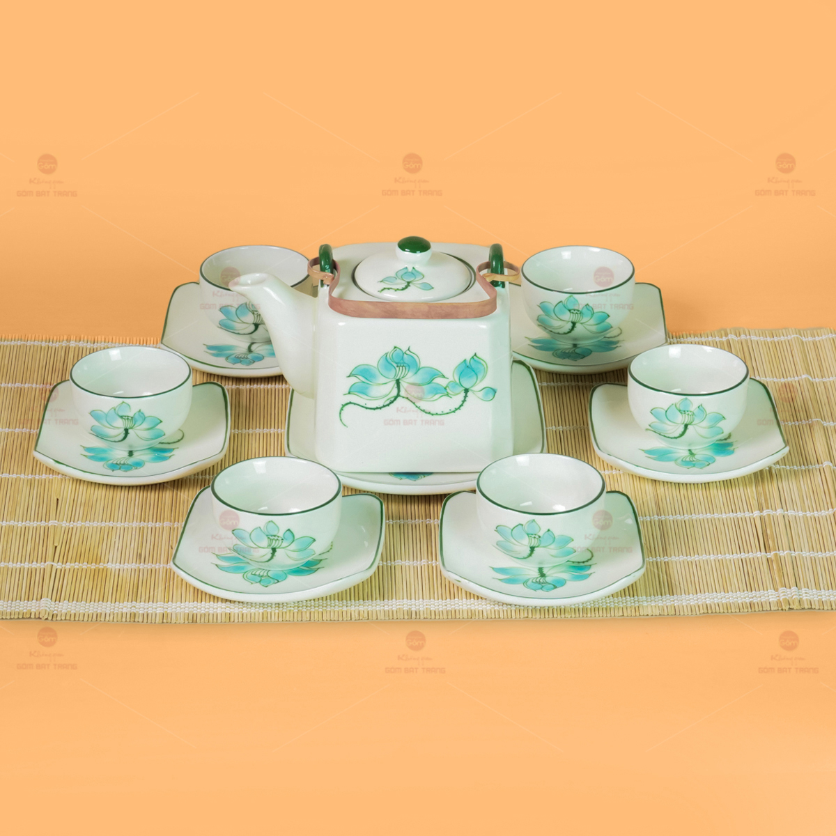 Bộ Ấm Chén Vuông Quai Đồng Sen Xanh Cao Cấp Quà Tặng Sang 