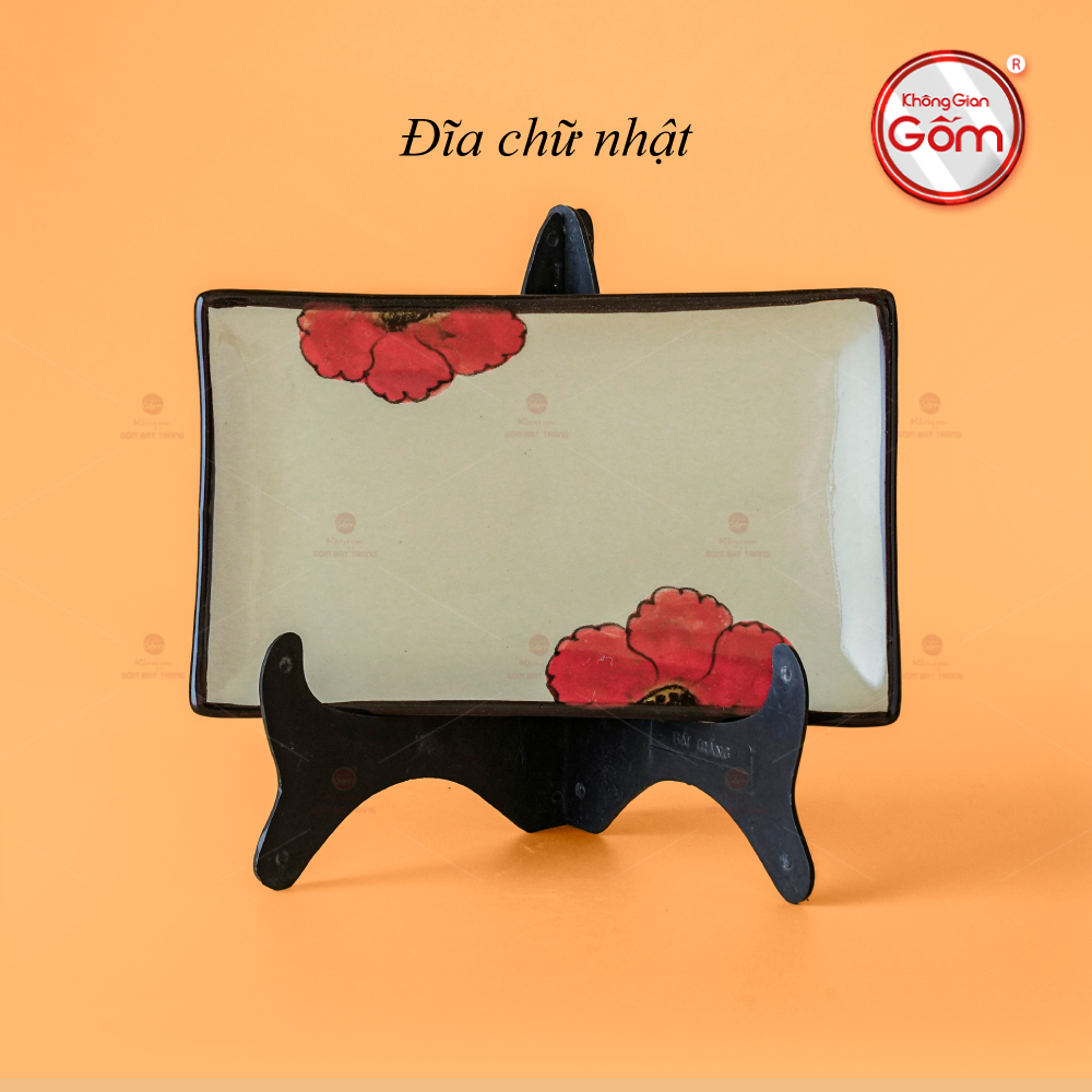 Đĩa sứ hoa đỏ chữ nhật cao cấp quà tặng đẹp Bát Tràng 