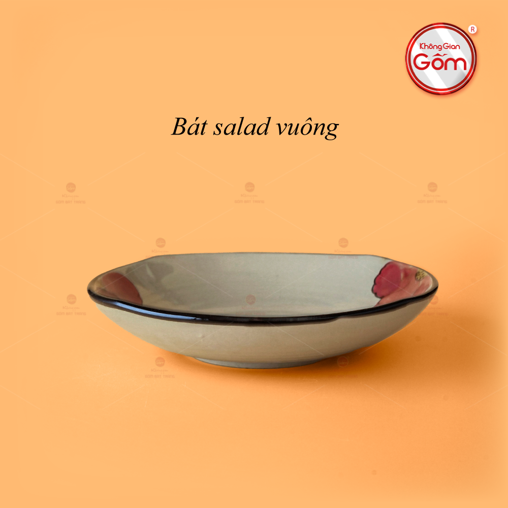 Bát Salad Vuông Sứ Hoa Đỏ Cao Cấp Thủy Tinh Gốm Bát Tràng 