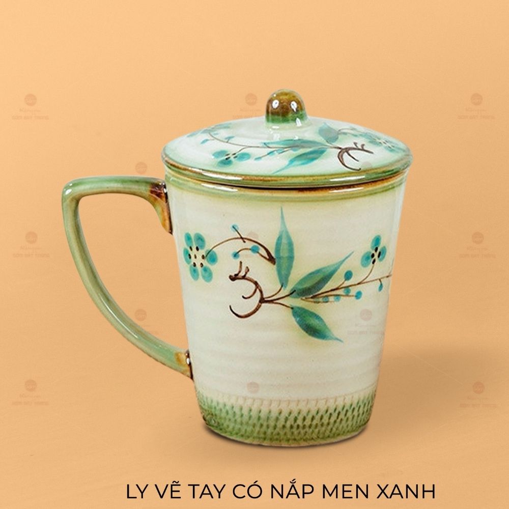 Ly Vẽ Tay Men Xanh Có Nắp Sang Trọng Quà Tặng Ý Nghĩa 