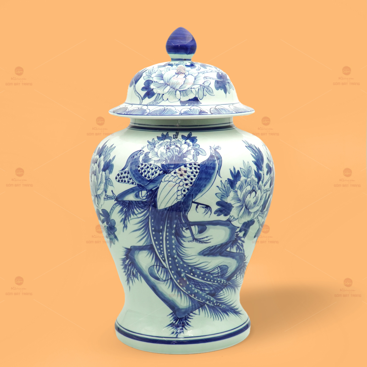 Bình Chóe Gốm Sứ Men Lam Chim Trĩ Mẫu Đơn Ngâm Rượu Sang Trọng Quà Tặng 