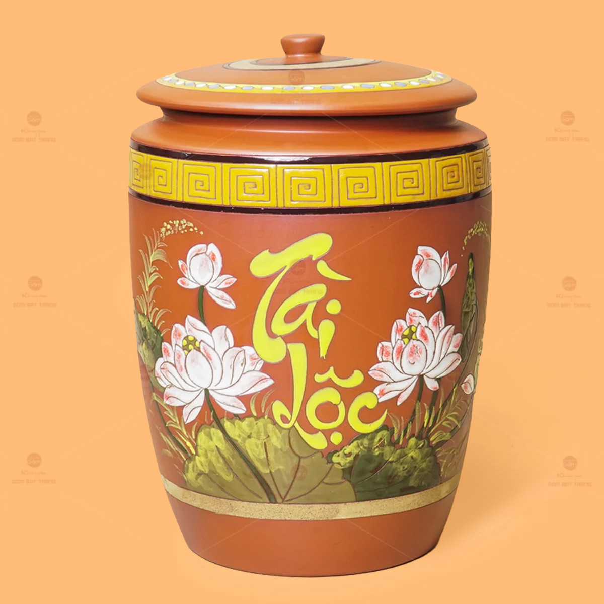 Hũ Gạo Tài Lộc Hoa Sen 15Kg Nắp Ngang Bát Tràng đẹp 